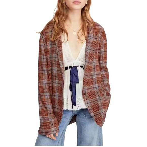 Free People Simply Plaid Relaxed Unstructured Linen Blazer Plaid Pockets Size M - Picture 1 of 12